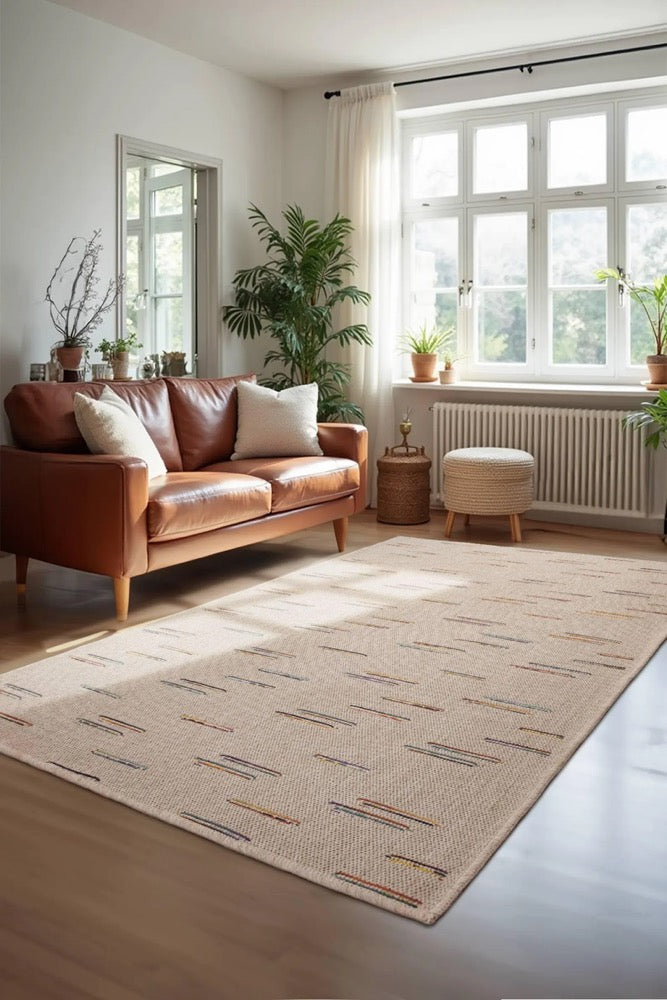 Sisal Multi Cream Beige Textured Turkish Rug – Natural Fiber Look Washable Flatweave Carpet Minimal Accents, Non Slip Modern Area Rug