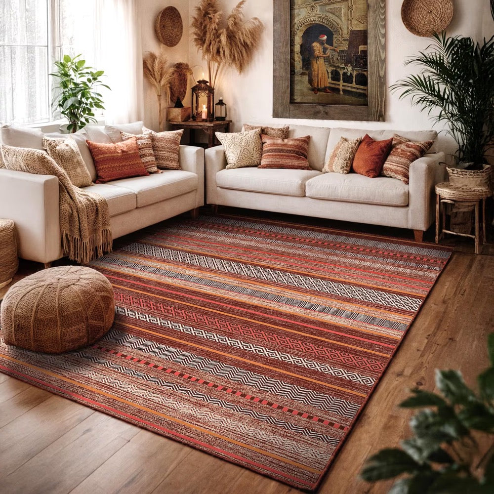 Terracotta Boho Kilim Style Kitchen Rug, Striped Non-Slip Floor Mat