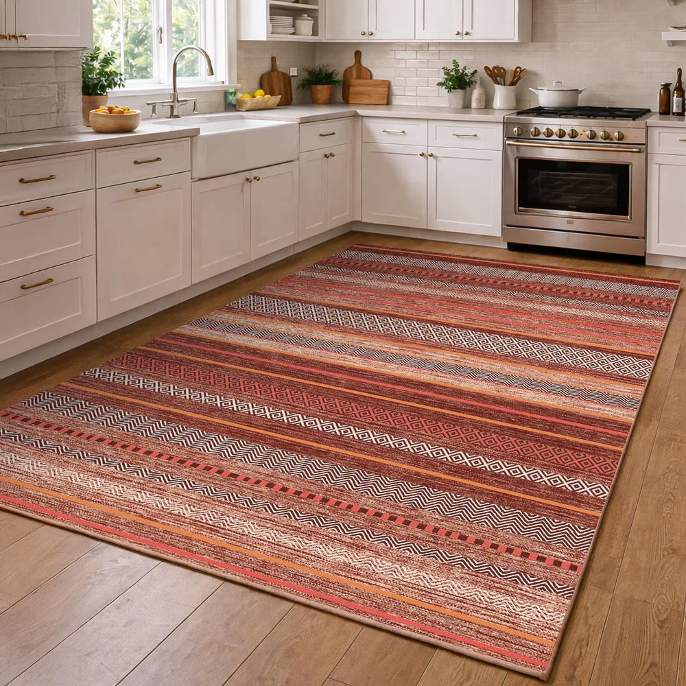 Terracotta Boho Kilim Style Kitchen Rug, Striped Non-Slip Floor Mat