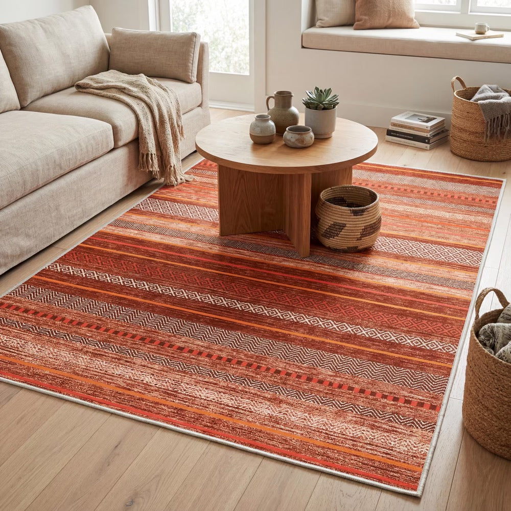Terracotta Boho Kilim Style Kitchen Rug, Striped Non-Slip Floor Mat