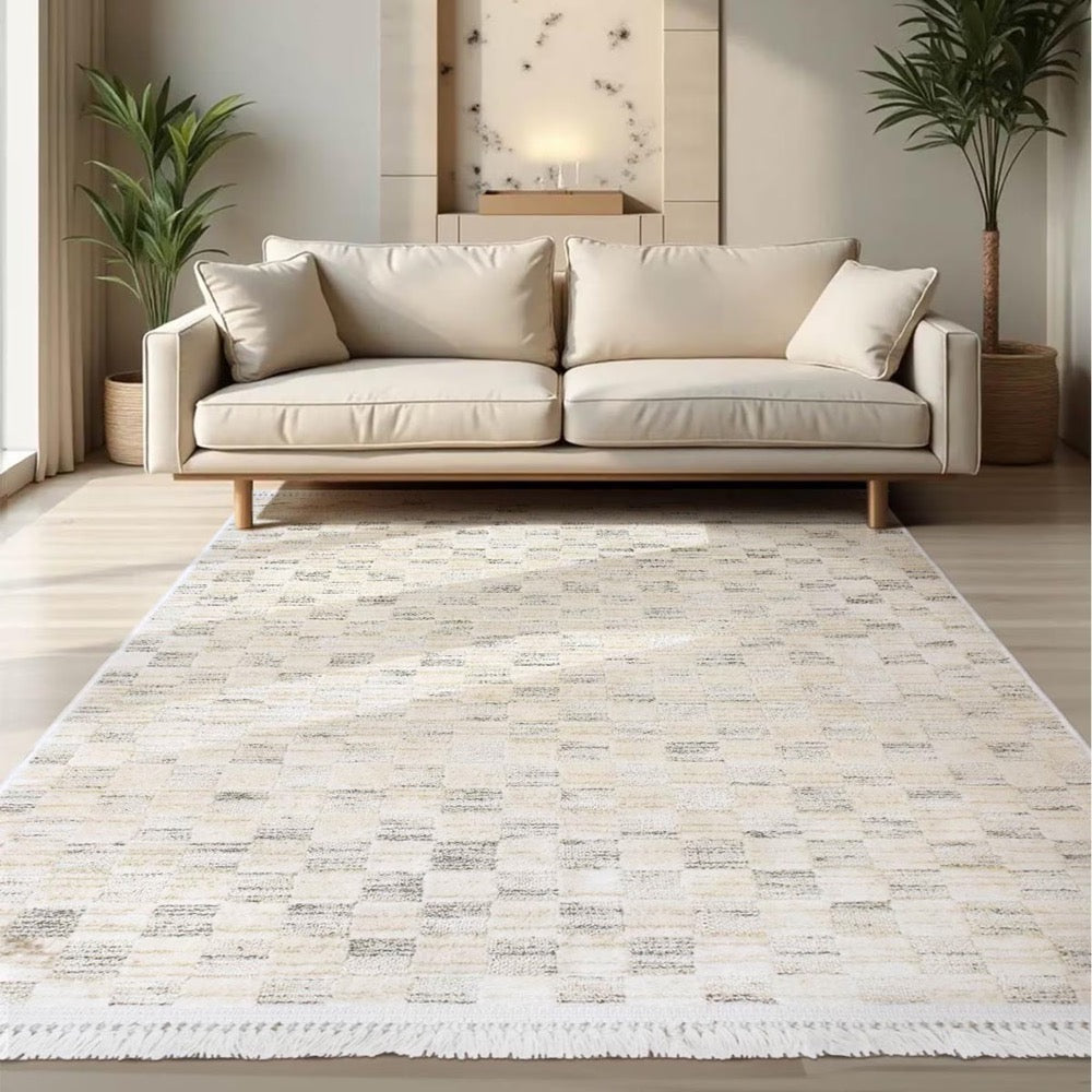 Cream Checkered Woven Rug – Machine Washable Scandinavian Style Floor Decor (10mm Pile)
