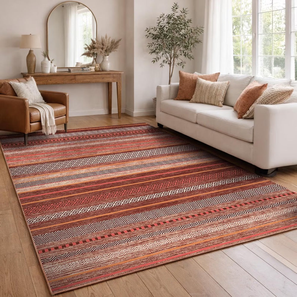 Terracotta Boho Kilim Style Kitchen Rug, Striped Non-Slip Floor Mat